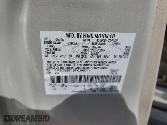 2007 Mercury Mariner Premier with VIN 4M2CU87197KJ06311, listed as a Copart auction lot 79857684 with 63,176 mi miles and Non repairable. Bid and sale history available at DreamBid. Image 14.