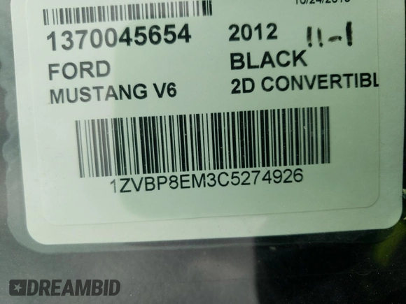 2012 Ford Mustang V6 with VIN 1ZVBP8EM3C5274926, listed as a Copart auction lot 50174495 with 138,712 mi miles and Non Repairable. Bid and sale history available at carsss.com. Image 12.