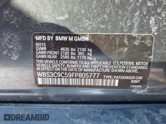 2015 BMW M3 with VIN WBS3C9C59FP805777, listed as a IAAI auction lot 41732607 with 118,556 mi miles and . Bid and sale history available at DreamBid. Image 9.
