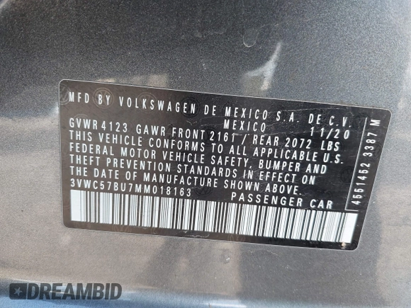2021 Volkswagen Jetta S z VIN 3VWC57BU7MM018163, wystawiony jako IAAI lot #41661128 z przebiegiem 49 679 mil mil oraz . Historia ofert i sprzedaży dostępna na DreamBid. Obrazek 9.