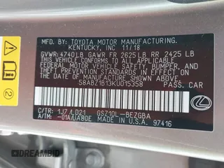 2019 Lexus ES 350 with VIN 58ABZ1B13KU015358, listed as a IAAI auction lot 42142214 with 84,766 mi miles and . Bid and sale history available at DreamBid. Image 9.