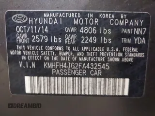 2015 Hyundai Azera Limited z VIN KMHFH4JG2FA432545, wystawiony jako IAAI lot #41329236 z przebiegiem 98 661 mil mil oraz . Historia ofert i sprzedaży dostępna na DreamBid. Obrazek 9.