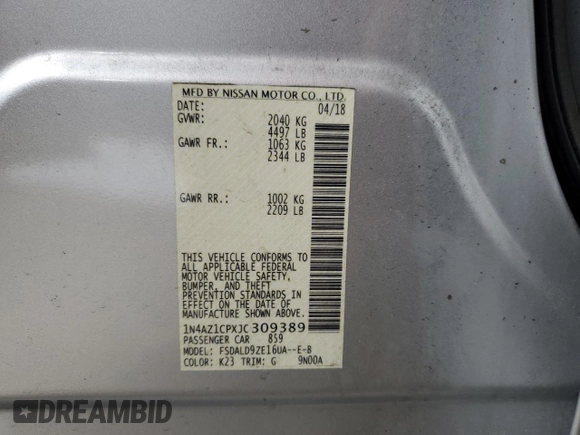 2018 Nissan LEAF SL with VIN 1N4AZ1CPXJC309389, listed as a Copart auction lot 43636015 with 76,070 mi miles and Clean Title. Bid and sale history available at DreamBid. Image 12.