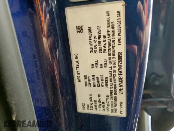 2022 Tesla Model 3 z VIN 5YJ3E1EA7NF289098, wystawiony jako Copart lot #60637005 z przebiegiem 152 060 mil mil oraz Czysty tytuł • Clean title. Historia ofert i sprzedaży dostępna na DreamBid. Obrazek 13.