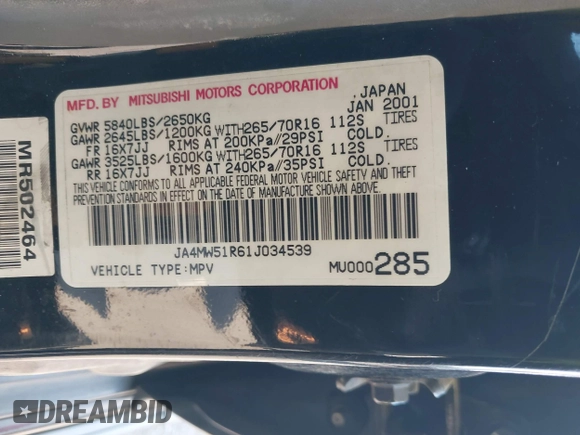 2001 Mitsubishi Montero Limited z VIN JA4MW51R61J034539, wystawiony jako IAAI lot #42336255 z przebiegiem 266 938 mil mil oraz . Historia ofert i sprzedaży dostępna na DreamBid. Obrazek 9.