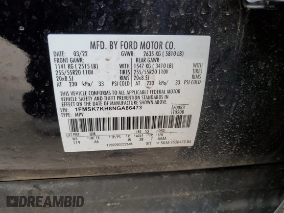 2022 Ford Explorer ST-Line with VIN 1FMSK7KH8NGA86473, listed as a Copart auction lot 86419654 with 61,412 mi miles and Salvage Title. Bid and sale history available at carsss.com. Image 14.