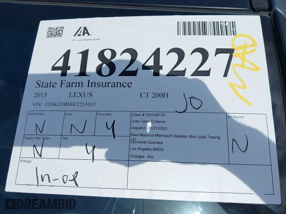2015 Lexus CT 200h Hybrid with VIN JTHKD5BH0F2215015, listed as a IAAI auction lot 41824227 with 1 mi miles. Bid and sale history available at carsss.com. Image 17.