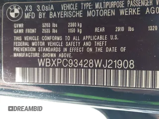 2008 BMW X3 3.0si with VIN WBXPC93428WJ21908, listed as a IAAI auction lot 41874916 with 162,381 mi miles and . Bid and sale history available at DreamBid. Image 9.