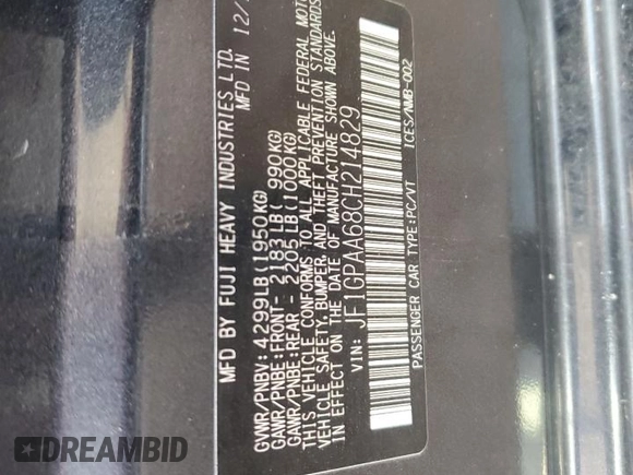 2012 Subaru Impreza 2.0i z VIN JF1GPAA68CH214829, wystawiony jako Copart lot #57340385 z przebiegiem 272 908 mil mil oraz Czysty tytuł • Clean title. Historia ofert i sprzedaży dostępna na DreamBid. Obrazek 12.