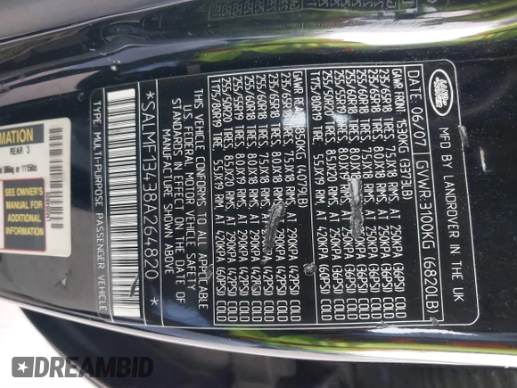 2008 Land Rover Range Rover SC z VIN SALMF13438A264820, wystawiony jako IAAI lot #41545831 z przebiegiem 117 151 mil mil oraz . Historia ofert i sprzedaży dostępna na DreamBid. Obrazek 9.