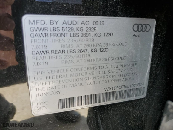 2020 Audi Q3 S line Premium with VIN WA1DECF36L1020574, listed as a Copart auction lot 52804445 with 37,040 mi miles and Salvage Title. Bid and sale history available at carsss.com. Image 14.