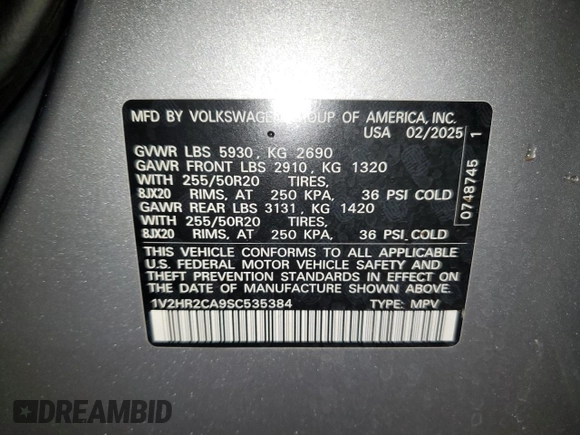 2025 Volkswagen Atlas SE with VIN 1V2HR2CA9SC535384, listed as a Copart auction lot 62152365 with 14,535 mi miles and Clean title. Bid and sale history available at DreamBid. Image 13.