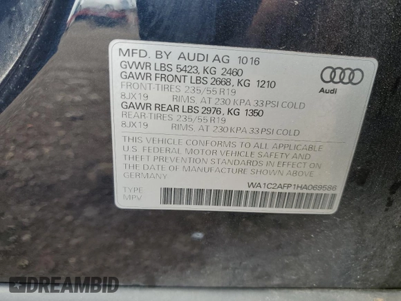 2017 Audi Q5 Premium with VIN WA1C2AFP1HA069586, listed as a Copart auction lot 60000745 with 92,173 mi miles and Salvage title. Bid and sale history available at DreamBid. Image 13.