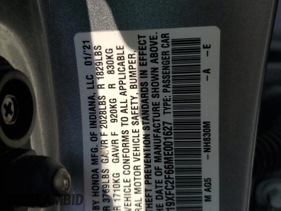 2021 Honda Civic LX with VIN 19XFC2F66ME001627, listed as a Copart auction lot 59653925 with 48,468 mi miles and Salvage title. Bid and sale history available at DreamBid. Image 12.