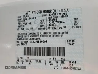 2003 Ford F-150 XL with VIN 1FTRX17L13NB49209, listed as a Copart auction lot 44453395 with 145,262 mi miles and Salvage Title. Bid and sale history available at carsss.com. Image 12.