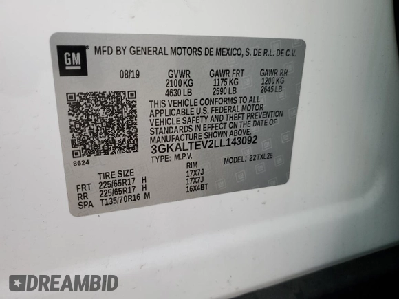 2020 GMC Terrain SLE z VIN 3GKALTEV2LL143092, wystawiony jako Copart lot #46863355 z przebiegiem 47 666 mil mil oraz Szkody całkowita. Historia ofert i sprzedaży dostępna na DreamBid. Obrazek 13.