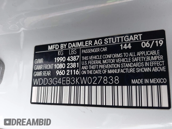 2019 Mercedes-Benz A 220 with VIN WDD3G4EB3KW027838, listed as a IAAI auction lot 42033252 with 53,867 mi miles and . Bid and sale history available at DreamBid. Image 9.