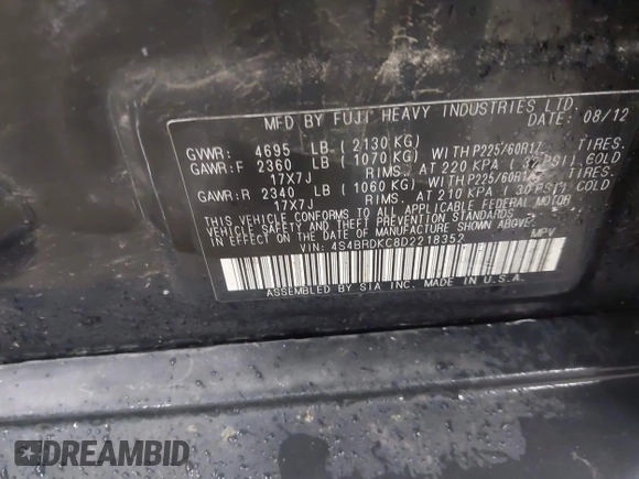 2013 Subaru Outback Limited with VIN 4S4BRDKC8D2218352, listed as a IAAI auction lot 42502603 with 196,625 mi miles and . Bid and sale history available at DreamBid. Image 8.