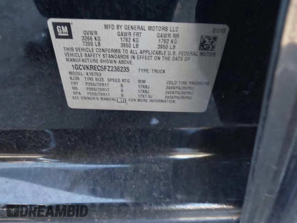 2015 Chevrolet Silverado 1500 LT with VIN 1GCVKREC5FZ236235, listed as a IAAI auction lot 41936044 with 121,358 mi miles and . Bid and sale history available at DreamBid. Image 9.