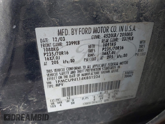 2004 Ford Escape Limited with VIN 1FMCU94114KB51234, listed as a IAAI auction lot 42055474 with 88,772 mi miles and . Bid and sale history available at DreamBid. Image 9.