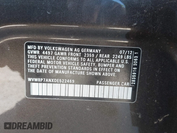 2013 Volkswagen CC Lux with VIN WVWRP7ANXDE522469, listed as a IAAI auction lot 41413025 with 115,117 mi miles. Bid and sale history available at carsss.com. Image 9.