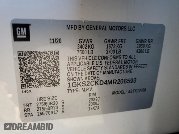 2021 GMC Yukon AT4 with VIN 1GKS2CKD4MR206593, listed as a Copart auction lot 42100765 with 75,930 mi miles and Salvage Title. Bid and sale history available at carsss.com. Image 13.