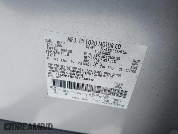 2014 Ford Explorer with VIN 1FM5K7B85EGC00510, listed as a IAAI auction lot 41942641 with 115,307 mi miles and . Bid and sale history available at DreamBid. Image 9.
