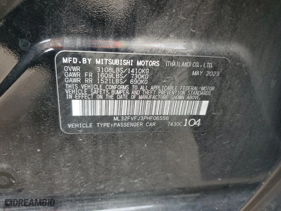 2023 Mitsubishi Mirage G4 SE with VIN ML32FVFJ3PHF06556, listed as a Copart auction lot 85017264 with 34,585 mi miles and Salvage Title. Bid and sale history available at carsss.com. Image 12.