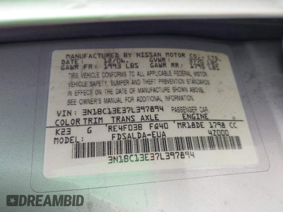 2007 Nissan Versa 1.8 S with VIN 3N1BC13E37L397894, listed as a IAAI auction lot 41866751 with 239,024 mi miles. Bid and sale history available at carsss.com. Image 9.