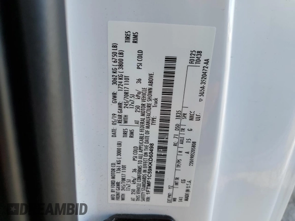 2019 Ford F-150 XL z VIN 1FTMF1C59KKD60498, wystawiony jako Copart lot #48210555 z przebiegiem 67 474 mil mil oraz Szkoda całkowita • Salvage title. Historia ofert i sprzedaży dostępna na DreamBid. Obrazek 15.