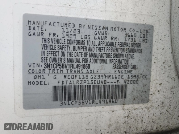 2024 Nissan Kicks S with VIN 3N1CP5BV1RL491860, listed as a Copart auction lot 49306025 with 32,400 mi miles and Salvage Title. Bid and sale history available at carsss.com. Image 12.