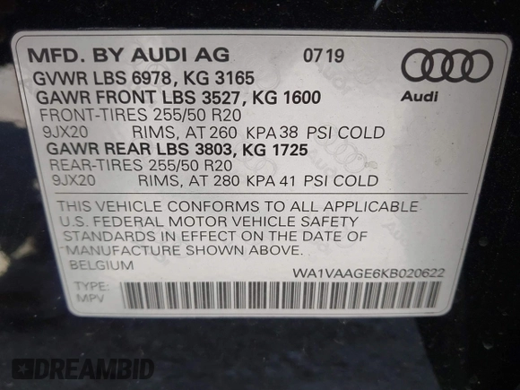 2019 Audi e-tron Prestige with VIN WA1VAAGE6KB020622, listed as a IAAI auction lot 41830236 with 32,835 mi miles and . Bid and sale history available at DreamBid. Image 9.