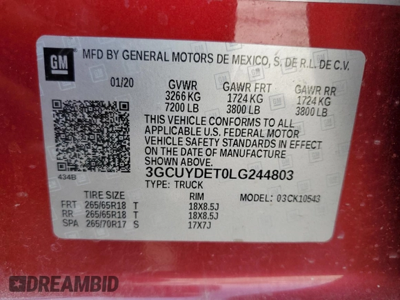 2020 Chevrolet Silverado 1500 LT with VIN 3GCUYDET0LG244803, listed as a Copart auction lot 53461845 with 110,828 mi miles and Salvage Title. Bid and sale history available at DreamBid. Image 13.