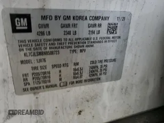 2022 Chevrolet Trax LT with VIN KL7CJLSM8NB508723, listed as a Copart auction lot 43919795 with 0 mi miles and Salvage Title. Bid and sale history available at carsss.com. Image 12.