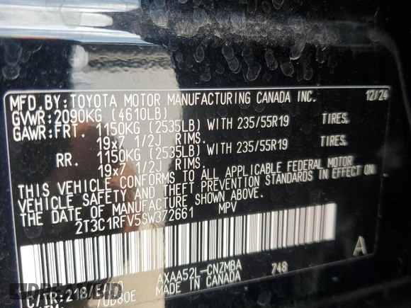 2025 Toyota RAV4 XLE Premium with VIN 2T3C1RFV5SW372661, listed as a Copart auction lot 58732625 with 14,426 mi miles and Salvage title. Bid and sale history available at DreamBid. Image 13.