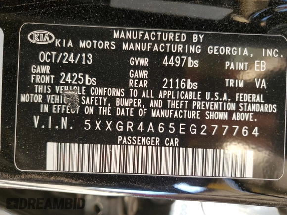 2014 Kia Optima SXL Turbo with VIN 5XXGR4A65EG277764, listed as a Copart auction lot 57944285 with 170,707 mi miles and Salvage title. Bid and sale history available at DreamBid. Image 12.
