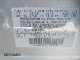 2013 Nissan Versa SV with VIN 3N1CN7AP5DL858384, listed as a IAAI auction lot 42543483 with 133,602 mi miles and . Bid and sale history available at DreamBid. Image 9.