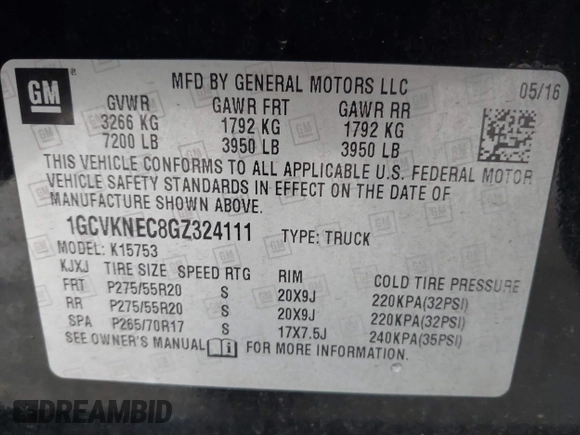 2016 Chevrolet Silverado 1500 LS with VIN 1GCVKNEC8GZ324111, listed as a IAAI auction lot 41620480 with 139,548 mi miles. Bid and sale history available at carsss.com. Image 9.