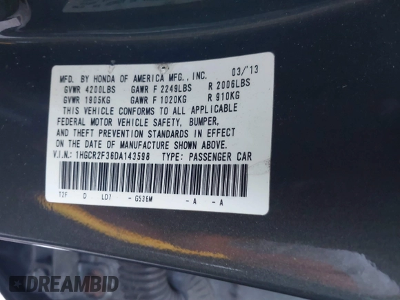 2013 Honda Accord LX z VIN 1HGCR2F36DA143598, wystawiony jako IAAI lot #41764732 z przebiegiem 260 398 mil mil oraz . Historia ofert i sprzedaży dostępna na DreamBid. Obrazek 9.
