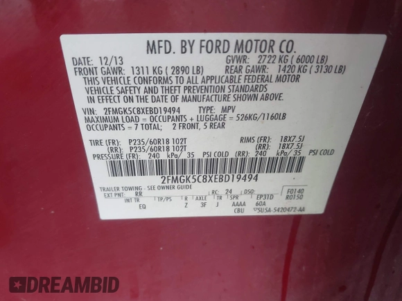 2014 Ford Flex SEL z VIN 2FMGK5C8XEBD19494, wystawiony jako IAAI lot #42202062 z przebiegiem 180 985 mil mil oraz . Historia ofert i sprzedaży dostępna na DreamBid. Obrazek 9.