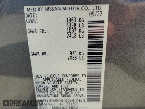 2023 Nissan Altima 2.5 SV with VIN 1N4BL4DV8PN308761, listed as a Copart auction lot 52731645 with 516 mi miles and Clean Title. Bid and sale history available at carsss.com. Image 12.