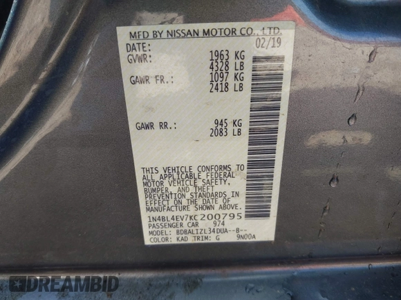 2019 Nissan Altima SL with VIN 1N4BL4EV7KC200795, listed as a IAAI auction lot 42064325 with 233,884 mi miles and . Bid and sale history available at DreamBid. Image 9.