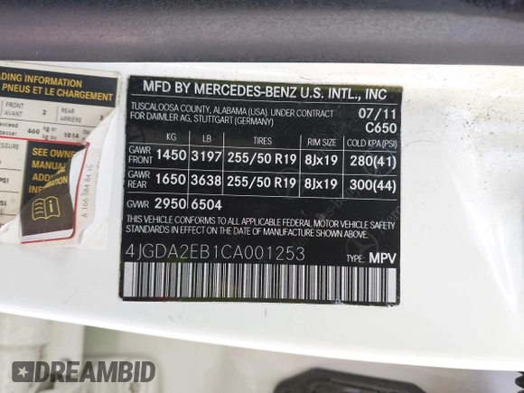 2012 Mercedes-Benz M 350 with VIN 4JGDA2EB1CA001253, listed as a IAAI auction lot 42101210 with 149,920 mi miles and . Bid and sale history available at DreamBid. Image 9.