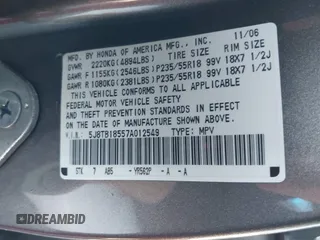 2007 Acura RDX Technology z VIN 5J8TB18557A012549, wystawiony jako IAAI lot #42300049 z przebiegiem 162 262 mil mil oraz . Historia ofert i sprzedaży dostępna na DreamBid. Obrazek 9.
