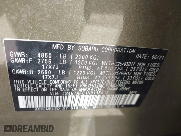2022 Subaru Outback Premium with VIN 4S4BTAFC1N3115618, listed as a IAAI auction lot 42038166 with 9,846 mi miles and . Bid and sale history available at DreamBid. Image 9.
