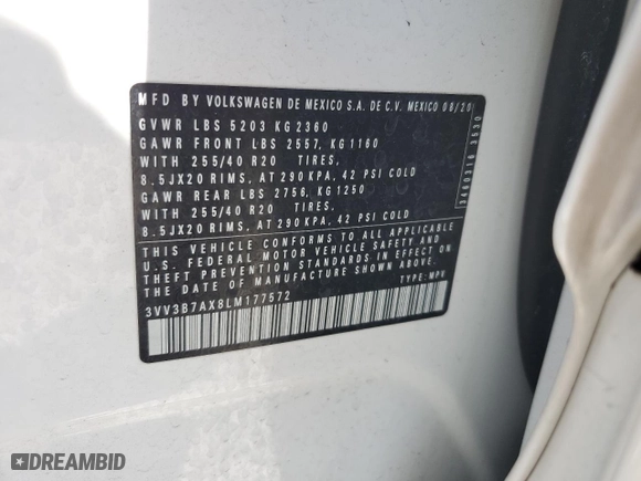 2020 Volkswagen Tiguan SE with VIN 3VV3B7AX8LM177572, listed as a Copart auction lot 49739065 with 52,856 mi miles and Salvage Title. Bid and sale history available at carsss.com. Image 16.