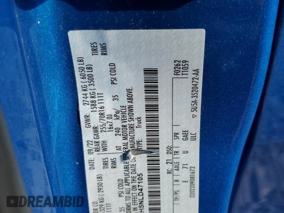 2022 Ford Ranger XL with VIN 1FTER4EH5NLD47105, listed as a Copart auction lot 62851045 with 30,977 mi miles and Salvage title. Bid and sale history available at DreamBid. Image 12.