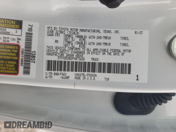 2023 Toyota Tundra SR z VIN 5TFKB5DB2PX073626, wystawiony jako Copart lot #71671243 z przebiegiem 1 188 mil mil oraz . Historia ofert i sprzedaży dostępna na DreamBid. Obrazek 12.