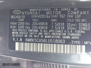 2020 Hyundai Kona Ultimate with VIN KM8K5CA56LU518063, listed as a IAAI auction lot 41911813 with 69,087 mi miles. Bid and sale history available at carsss.com. Image 9.