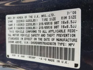 2006 Honda CR-V LX with VIN SHSRD68576U409078, listed as a IAAI auction lot 41847491 with 161,246 mi miles. Bid and sale history available at carsss.com. Image 9.